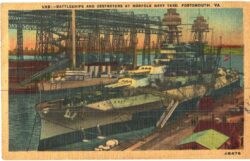 Linen postcard.  Battleships and Destroyers at Norfolk Navy Yard, Portsmouth, Virginia.