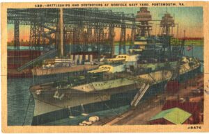 Linen postcard.  Battleships and Destroyers at Norfolk Navy Yard, Portsmouth, Virginia.