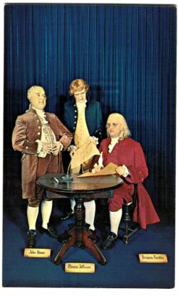 Chrome postcard.  Benjamin Franklin, John Adams and Thomas Jefferson signing the Declaration of Independence, The London Wax Museum, St Petersburg Beach, Florida.