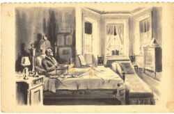 Postcard.  Franklin D Roosevelt having breakfast in his Hyde Park Bedroom, New York. 1967.  From Franklin Roosevelt at Hyde Park by Olin Dows.