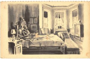 Postcard.  Franklin D Roosevelt having breakfast in his Hyde Park Bedroom, New York. 1967.  From Franklin Roosevelt at Hyde Park by Olin Dows.