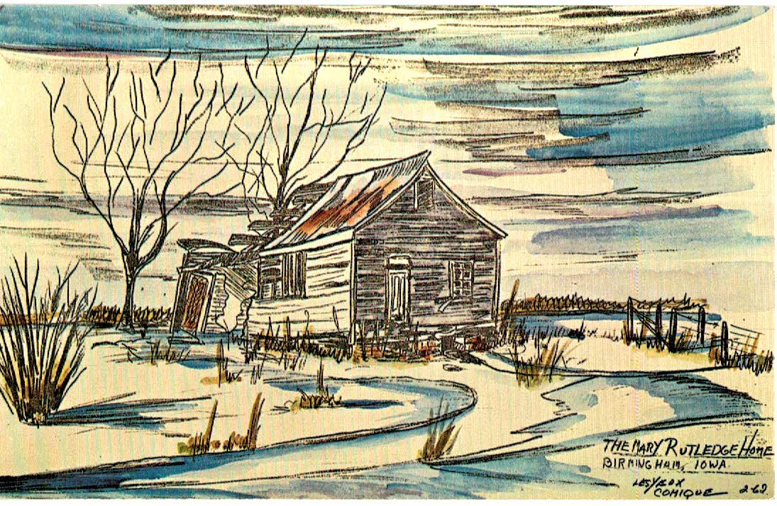 Chrome postcard. The Mary Rutledge Home, Birmingham, Iowa. Drawing by Lesyeox Comique.