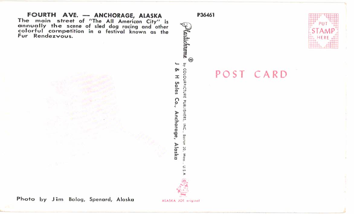 Chrome postcard. Fourth Avenue, Anchorage, Alaska. All American City. Sled dog racing, Fur Rendezvous. - Image 2