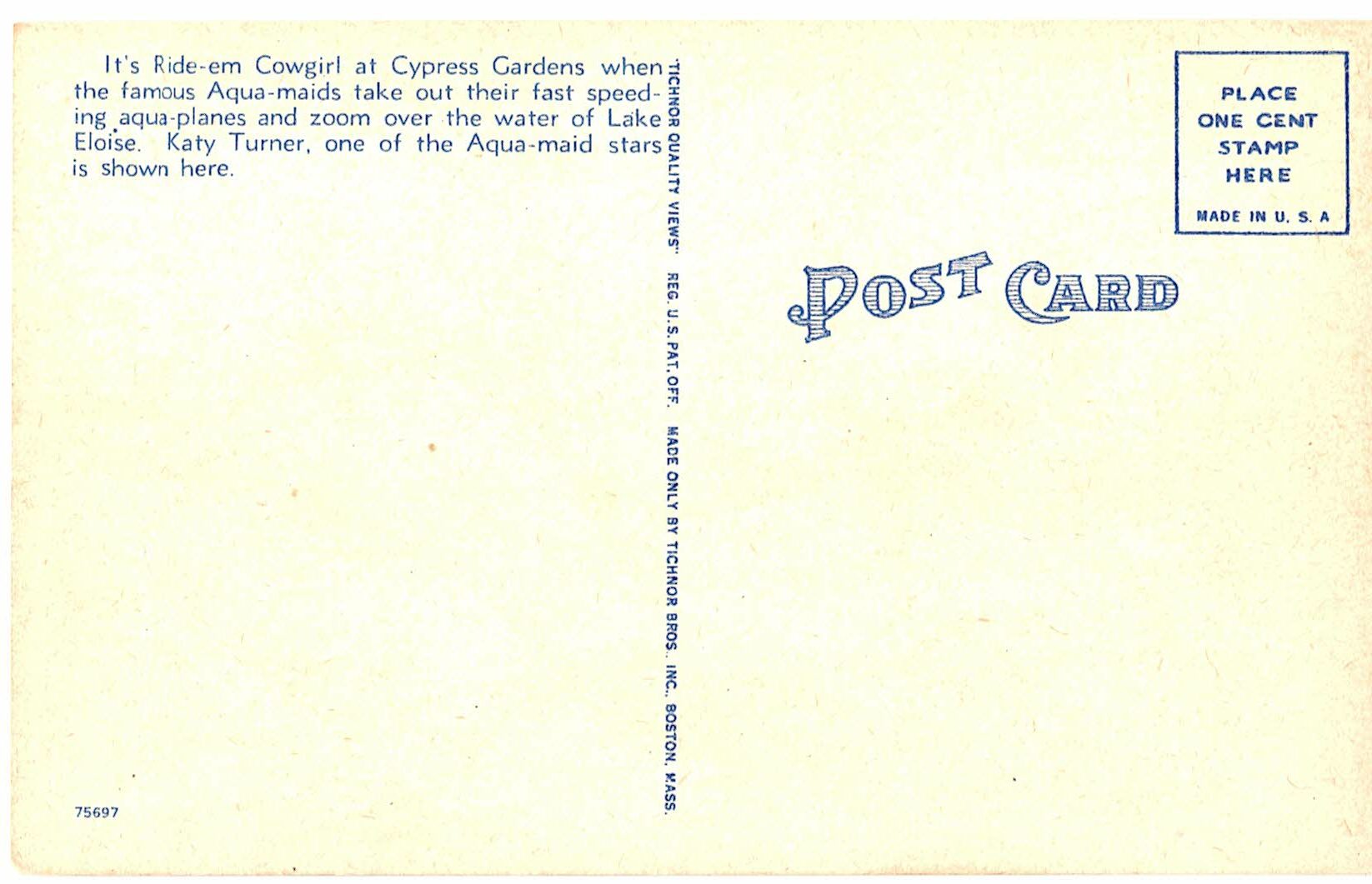 Linen postcard. Daredevil aqua planing at Cypress Gardens. Aqua-maid, Katy Turner. Waterskiing. - Image 2