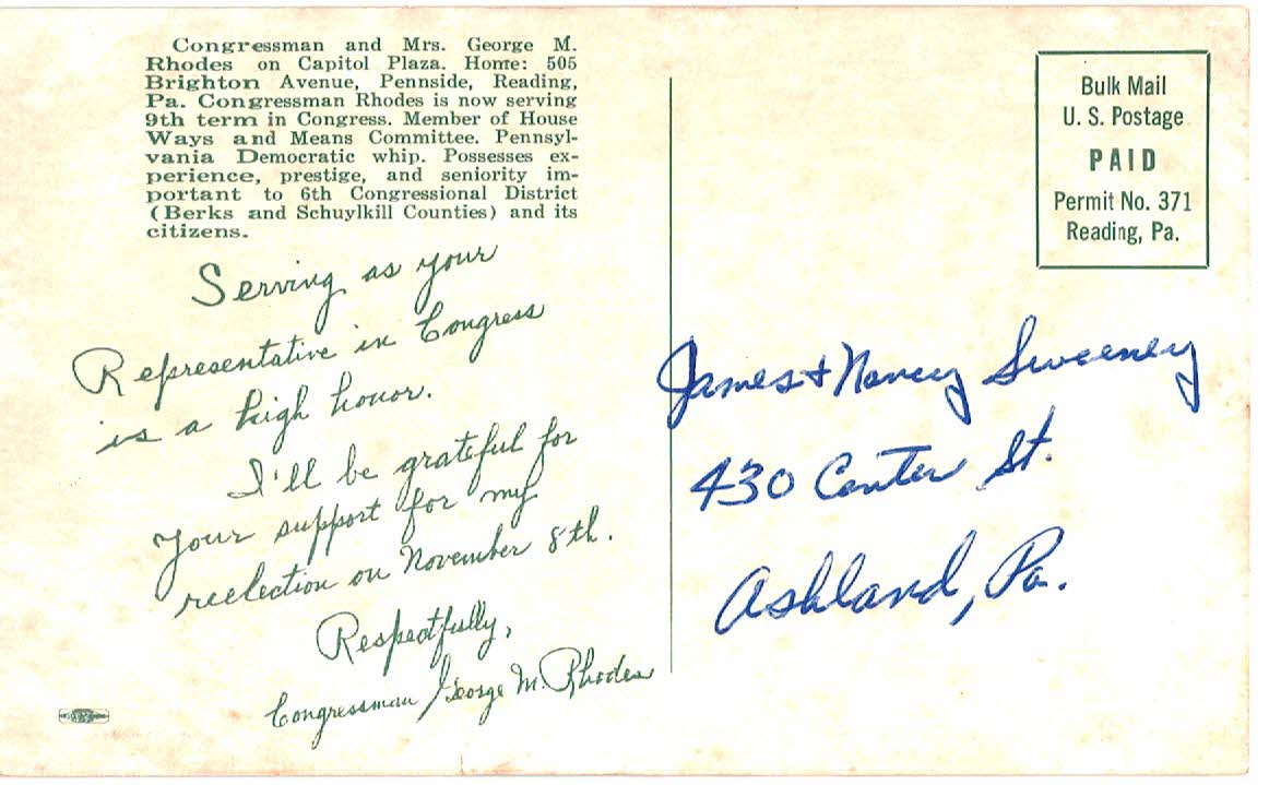 Chrome postcard. Congressman and Mrs George M Rhodes on Capitol Plaza. Home, Reading, Pennsylvania. - Image 2