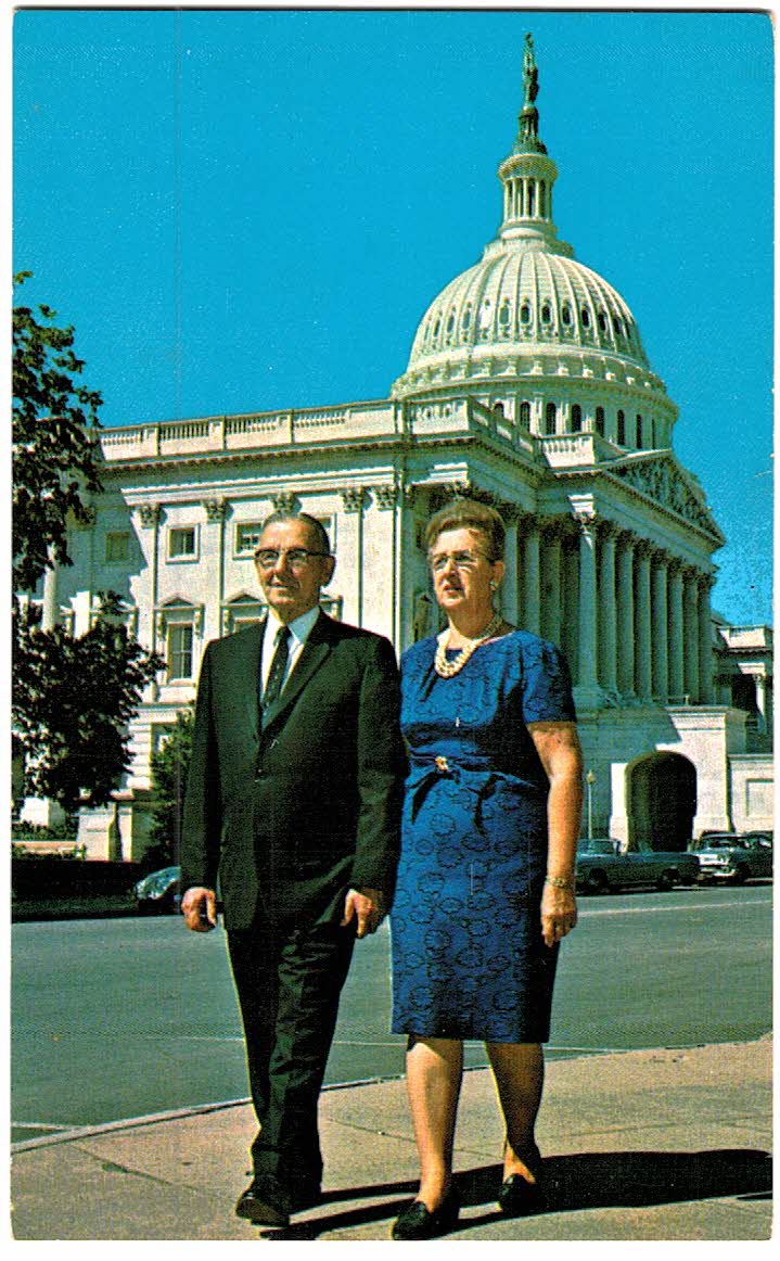 Chrome postcard. Congressman and Mrs George M Rhodes on Capitol Plaza. Home, Reading, Pennsylvania.