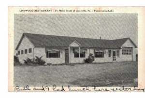 Postcard.  Linnwood Restaurant, Linesville, Pennsylvania, Pymatuning Lake 1952.