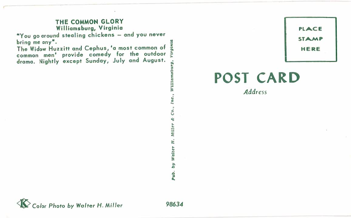 Chrome postcard. The Common Glory, Drama, Williamsburg, Virginia. Widow Huzzitt and Cephus, chicken thief. - Image 2