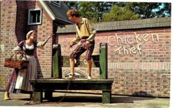Chrome postcard.  The Common Glory, Drama, Williamsburg, Virginia. Widow Huzzitt and Cephus, chicken thief.