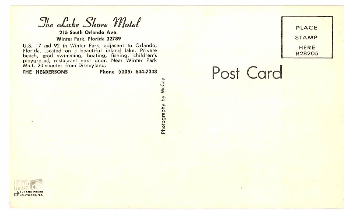 Chrome postcard. The Lake Shore Motel, Winter Park, Florida. The Hendersons. - Image 2