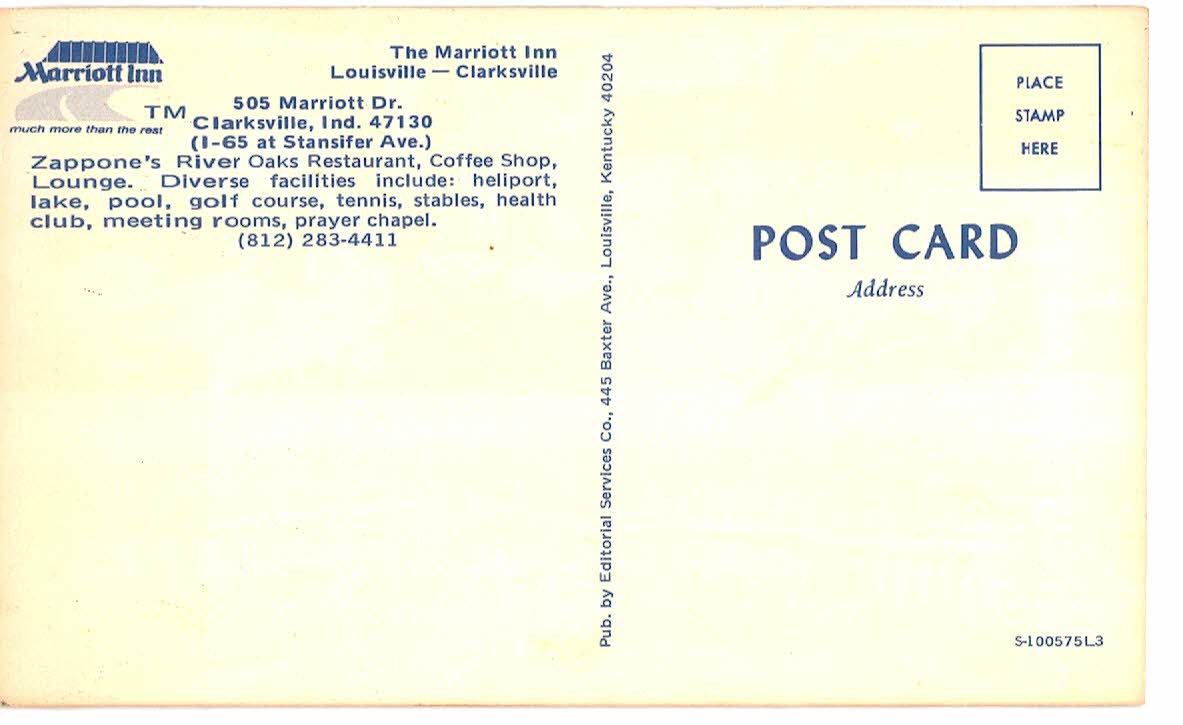 Chrome postcard. The Marriott Louisville-Clarksville, Clarksville, Indiana. Zappone's River Oaks Restaurant, Coffee Shop, Lounge. - Image 2