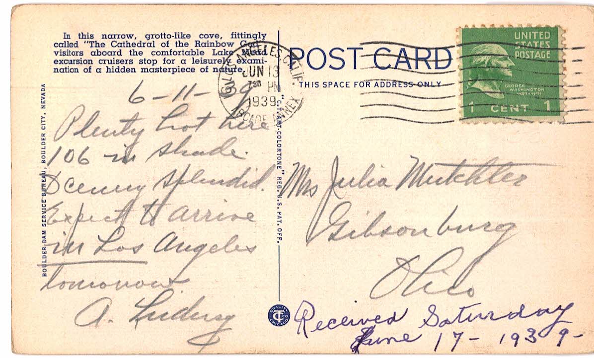 Linen postcard. Cathedral of the Rainbow God, Lake Mead, Nevada. Boulder Dam Recreational Area. 1939. Excursion cruiser. - Image 2