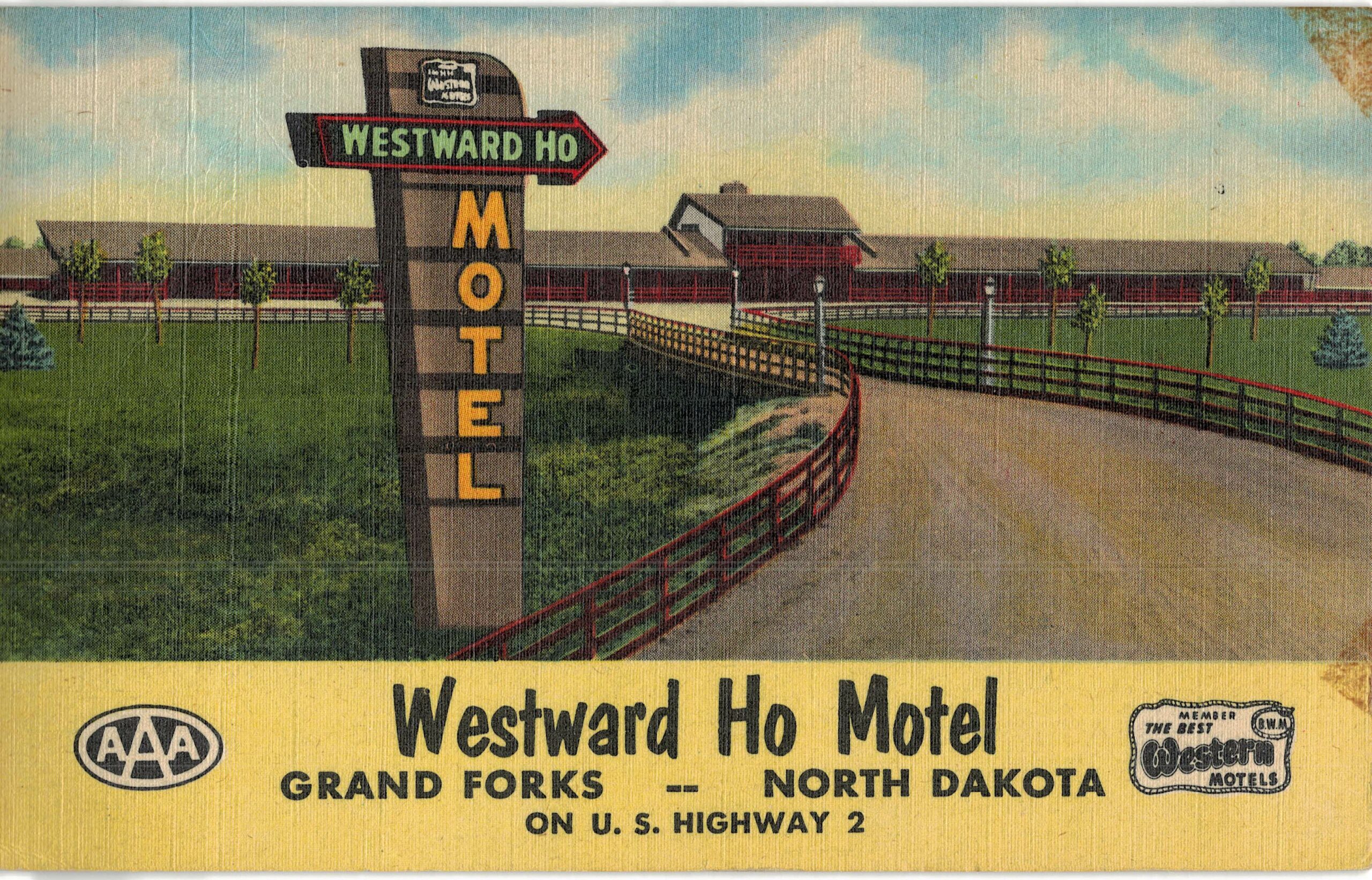 Linen postcard. Westward Ho Motel, Grand Forks, North Dakota. 1957. Jolly and Don Lindgren.