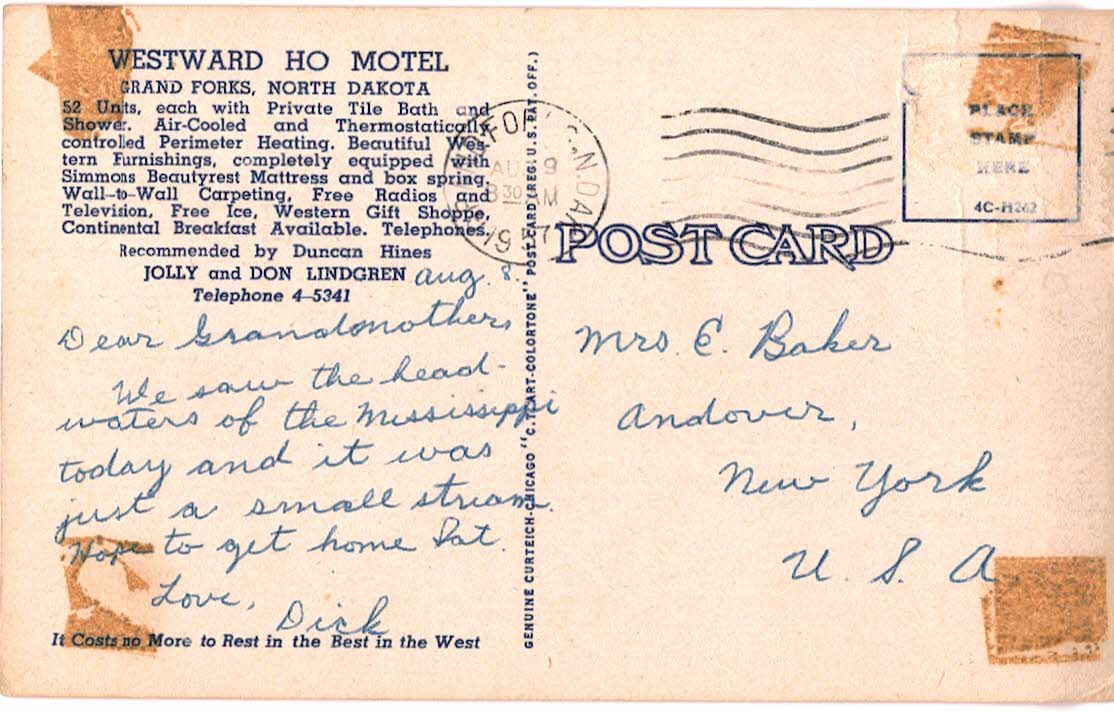 Linen postcard. Westward Ho Motel, Grand Forks, North Dakota. 1957. Jolly and Don Lindgren. - Image 2