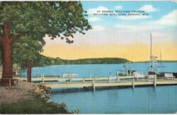 Linen postcard. George Williams College, Williams Bay, Lake Geneva, Wisconsin. Dock, boats. 1948.
