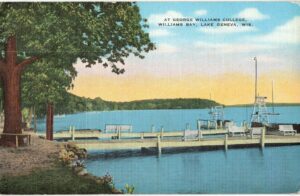 Linen postcard. George Williams College, Williams Bay, Lake Geneva, Wisconsin. Dock, boats. 1948.