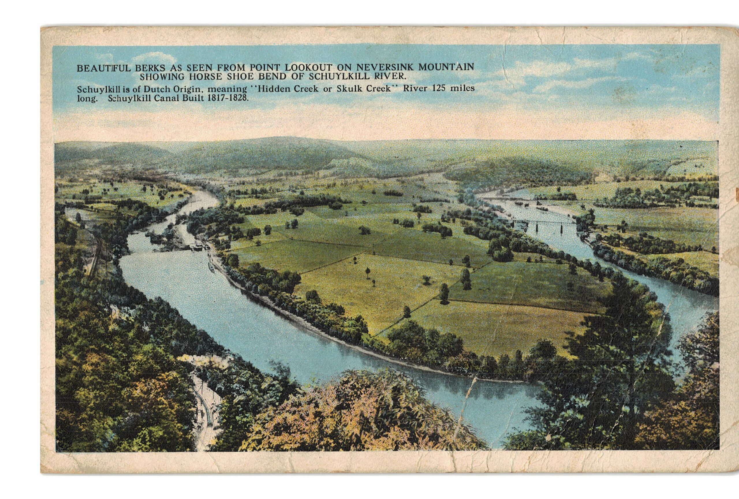 White border postcard. Beautiful Berks from Point Lookout, Neversink Mountain, Horse Shoe Bend, Schuylkill River, Pennsylvania.