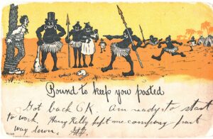 Old postcard. Bound to keep you posted.  Man tied to tree by natives.   Undivided back. 1905.