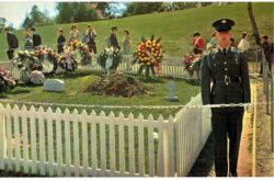 Chrome postcard. Arlington National Cemetery, Arlington, Virginia.  Grave President John F Kennedy.  Eternal Flame. Soldier.