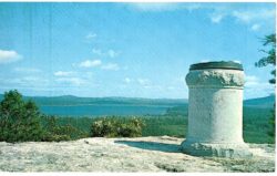 Chrome postcard.  Memorial Monument to Robert Peary on Jockey Cap overlooking Lovewell Lake, Fryeburg, Maine.