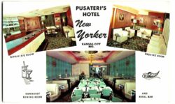 Chrome postcard.  Pusateri's Hotel New Yorker, Kansas City, Missouri.  Esquire Room, Sunburst Dining Room, Mural Bar.