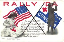 Old postcard.  Rally Day.  Nurse, flag, Red Cross.