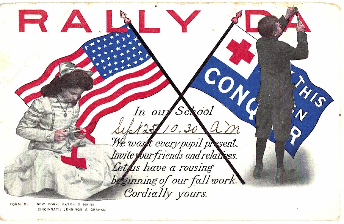 Old postcard. Rally Day. Nurse, flag, Red Cross.