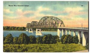 Linen postcard.  World War Memorial Bridge, Missouri River, Hwy 10 between Bismarck and Mandan, North Dakota.