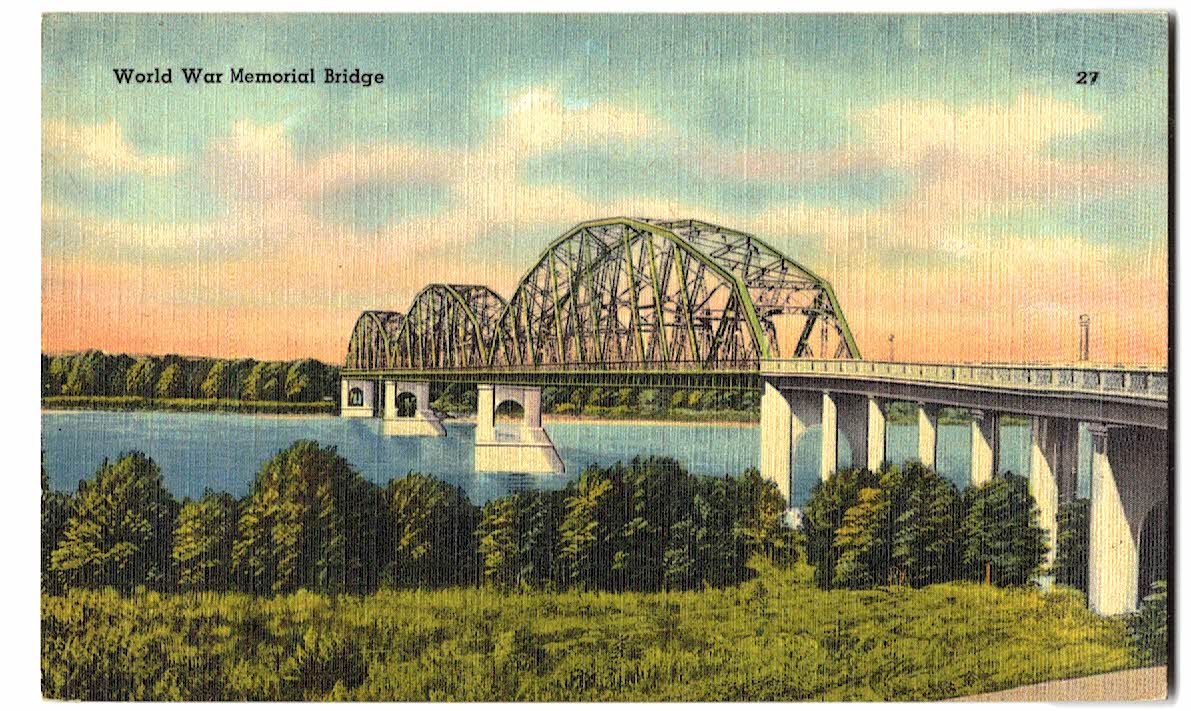 Linen postcard. World War Memorial Bridge, Missouri River, Hwy 10 between Bismarck and Mandan, North Dakota.